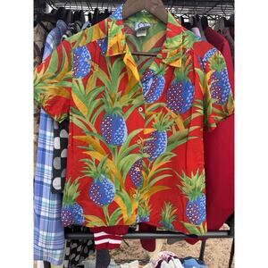 Ocean Pacific Colorful Shirt Blouse Size M Red & Green Tropical All-over-print